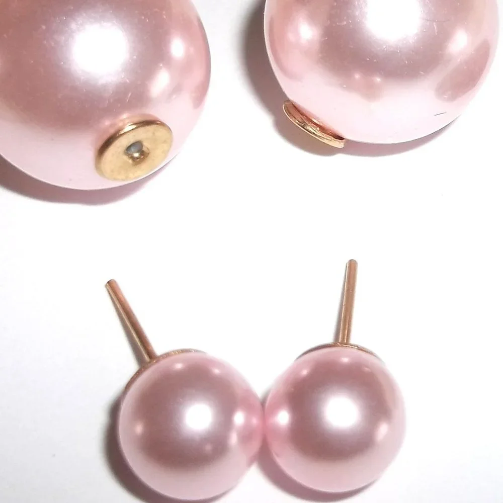 Double Sided Front and Back Earrings Pink Faux Pearl Gold Post Stud Pair C537 - Picture 4 of 6